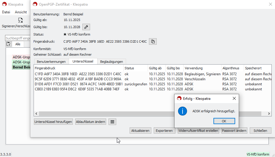 Kleopatra-Ansicht der Unterschlüssel-Details mit Erfolgsmeldung nach dem Hinzufügen des ADSK
