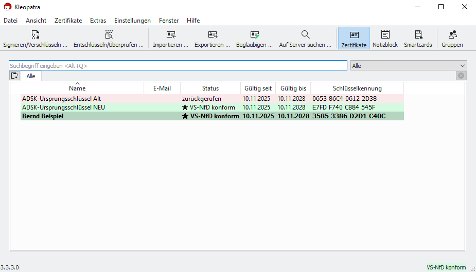 Kleopatra-Zertifikatsliste mit drei Zertifikaten, darunter alter und neuer ADSK-Ursprungsschlüssel