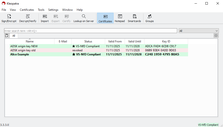 Kleopatra certificate list showing three certificates, including the old and new ADSK origin keys