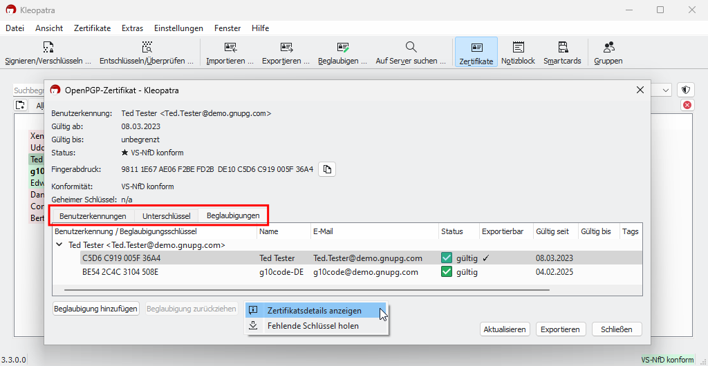 Kleopatra: neuer Dialog mit Zertifikatsdetails